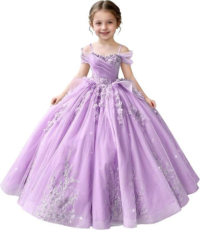 Lilac / 18m Sunnypetal Off-Shoulderl 3D Lace Appliqué Tiered Ruffle Flower Girl Dress for Pageant