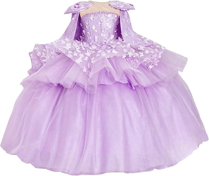 Lilac / 18m Sunnypetal Princess Pink Tulle Ball Gown Flower Girl Dress with Butterfly Appliqués and Cape