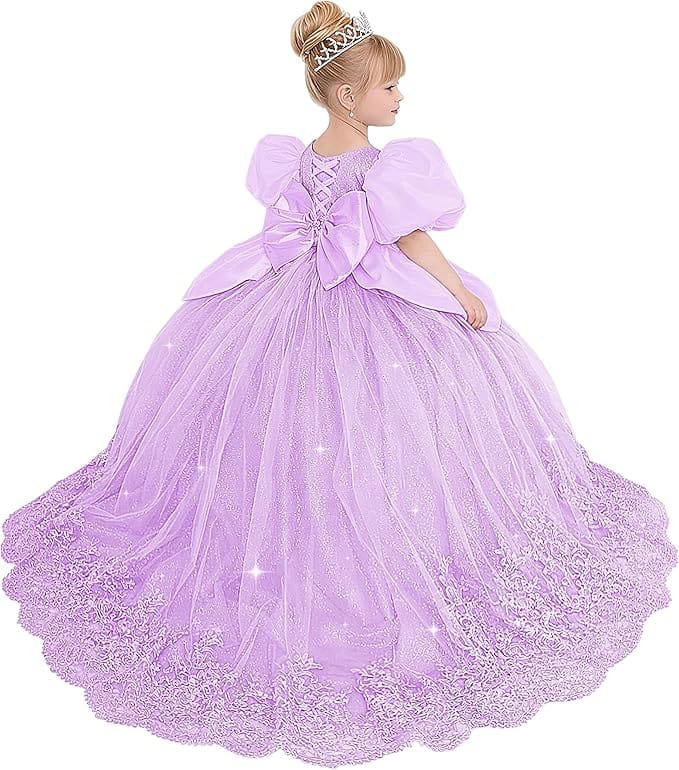 Lilac / 18m Sunnypetal Princess Sky Blue Tulle Lace Flower Girl Dress with Bow and Puff Sleeves
