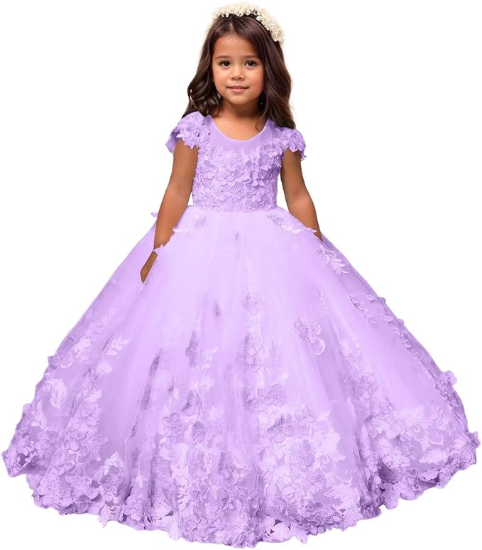 Lilac / 18m Sunnypetal Romantic Blush Floral Lace Tulle Flower Girl Ball Gown
