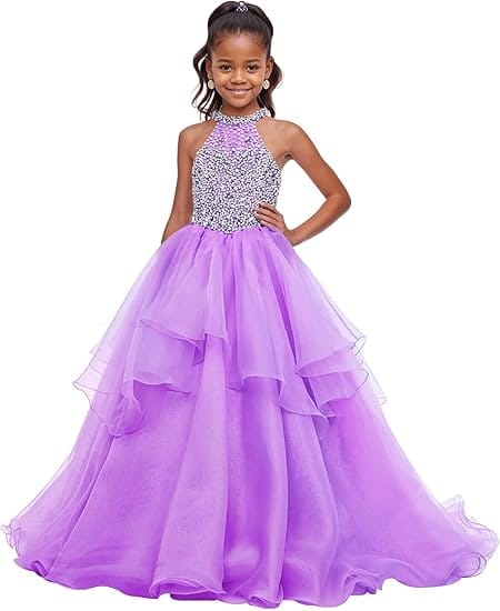 Lilac / 18m Sunnypetal Sparkling High Neck Ball Gown Flower Girl Dress with Beaded Bodice