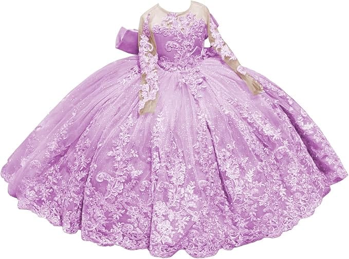 Lilac / 18m Sunnypetal Sparkling Long Sleeve Lace Tulle Flower Girl Dress with Glitter Appliqué &amp; Bow