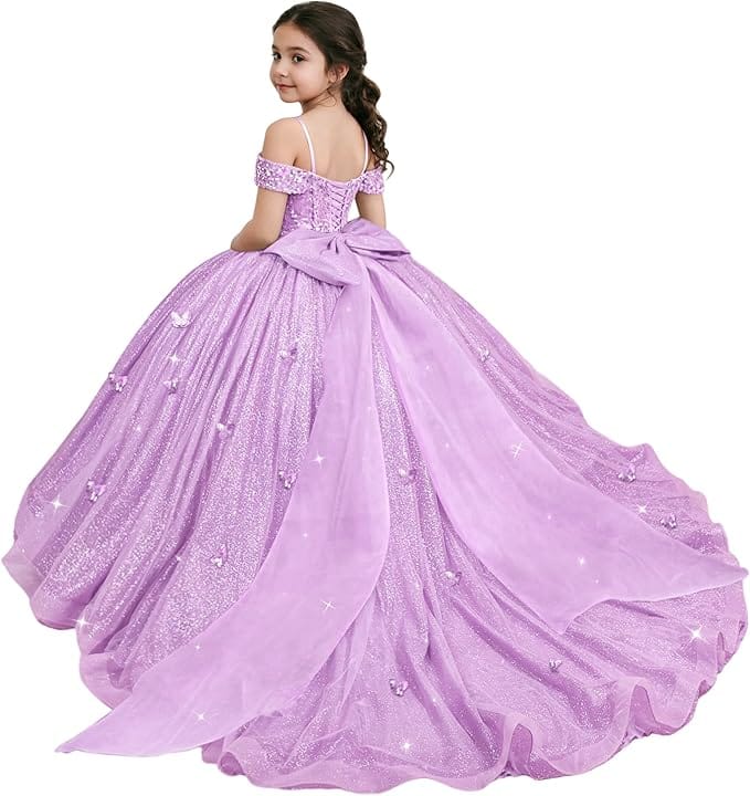 Lilac / 18m Sunnypetal Sparkling Off-Shoulder Glitter Tulle Flower Girl Dress with Oversized Bow