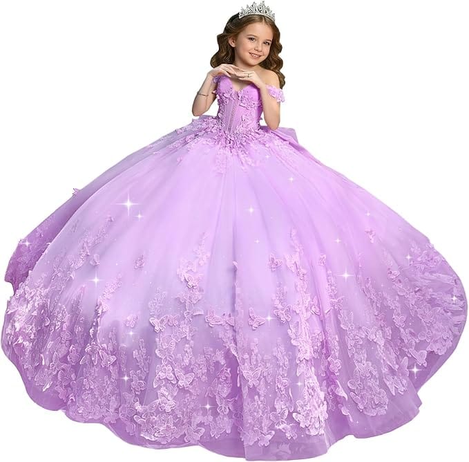 Lilac / 18m Sunnypetal Sweetheart Neck 3D Butterfly Tulle Flower Girl Dress with Big Bow