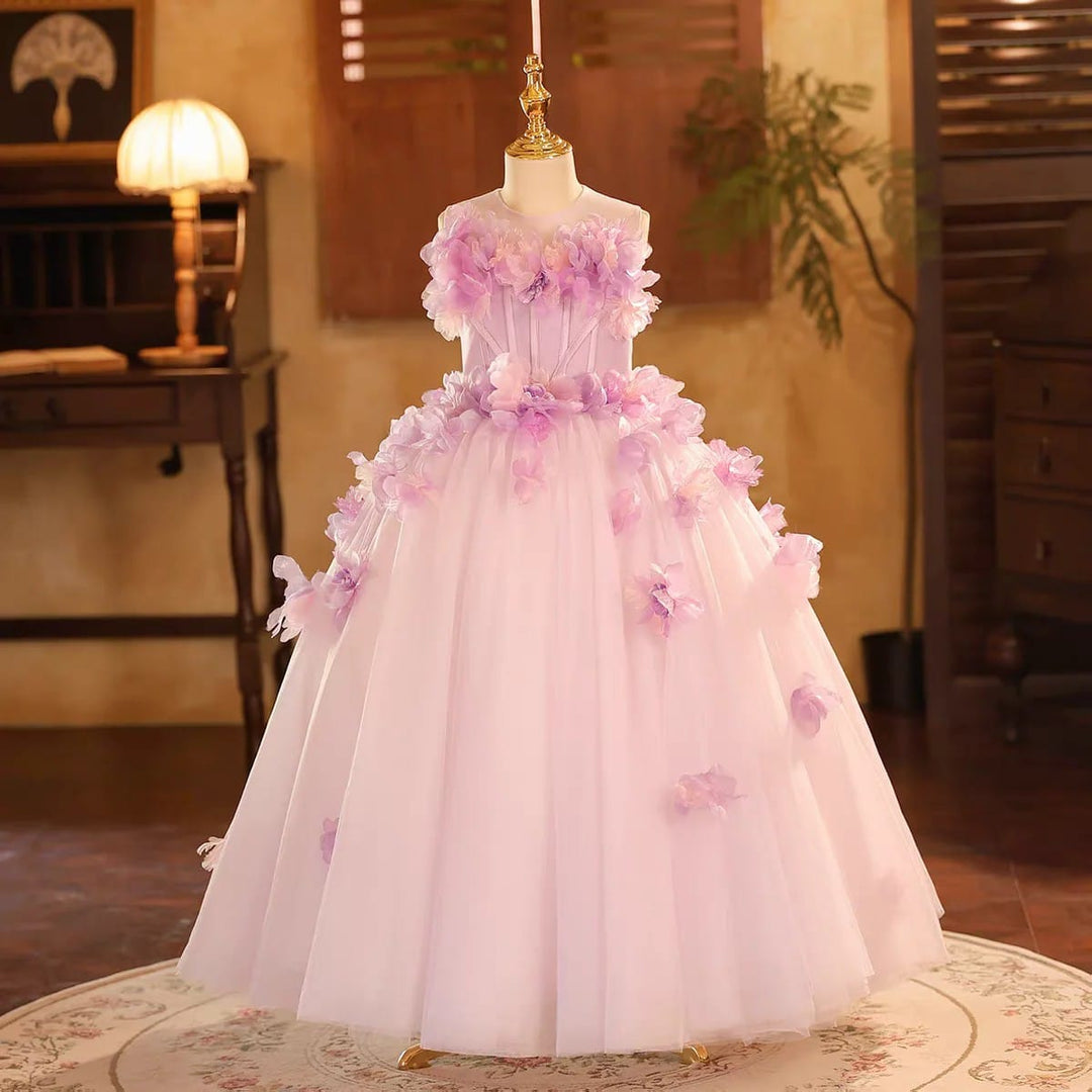 Lilac / 3m SunnyPetal Dreamy Lilac 3D Floral Tulle Flower Girl Dress for Weddings &amp; Birthdays