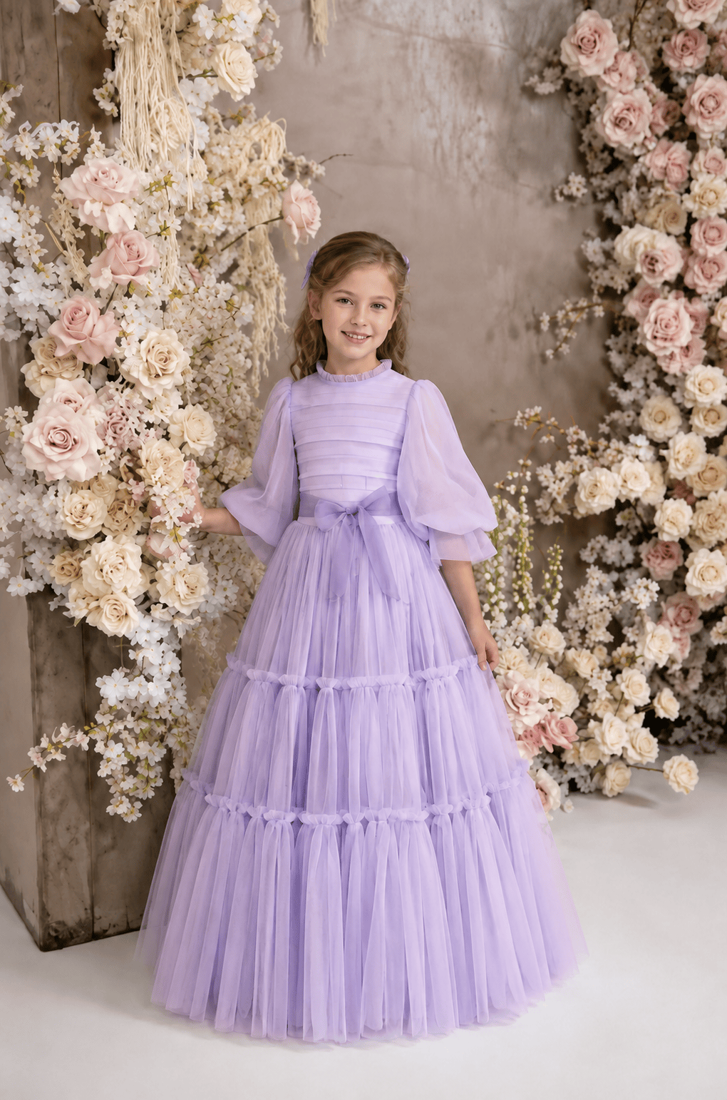 Lilac / 3m Sunnypetal Elegant Ivory Tiered Tulle First Communion Dress for Girls with Bow Waist