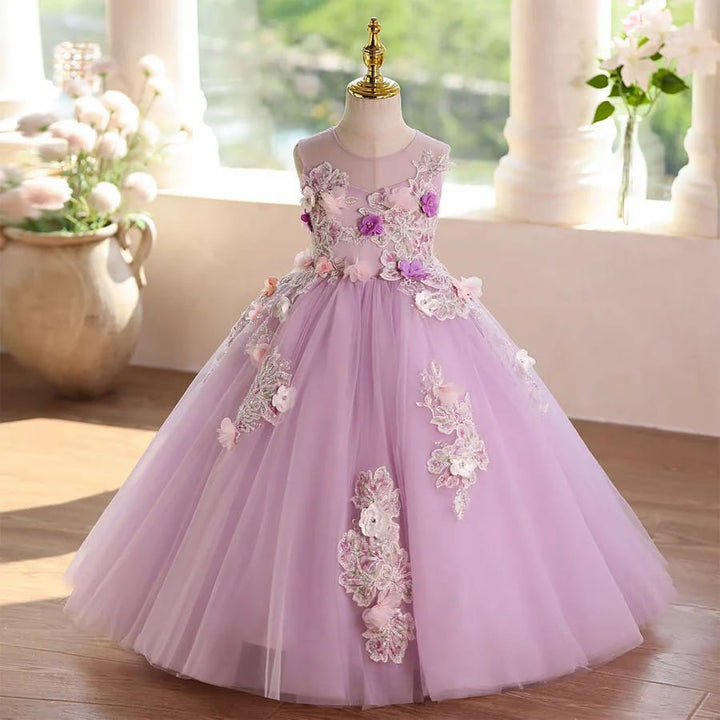 Lilac / 3m SunnyPetal Enchanted Lilac Floral Appliqué Tulle Princess Flower Girl Dress