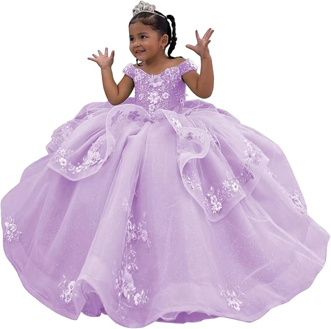 Lilac / 3m Sunnypetal Enchanted Sage Green Tulle Ball Gown Flower Girl Dress with Floral Appliqués