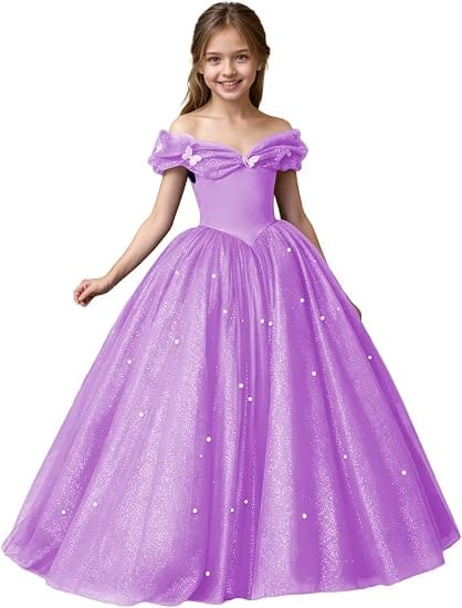 Lilac / 3m Sunnypetal Exquisite Off-Shoulder Tulle Flower Girl Dress for Special Occasions