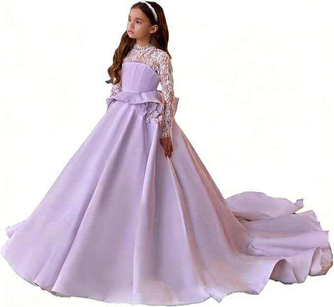 Lilac / 3m Sunnypetal Long Sleeves Lace Appliques Long Princess Satin Communion Dress with 3D Flowers