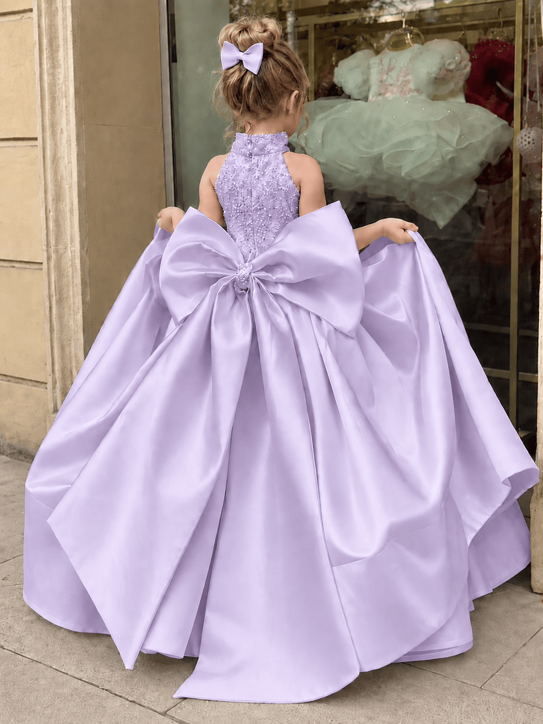 Lilac / 3m Sunnypetal Luxury Ivory Satin Flower Girl Dress with Embellished Bodice &amp; Oversized Bow