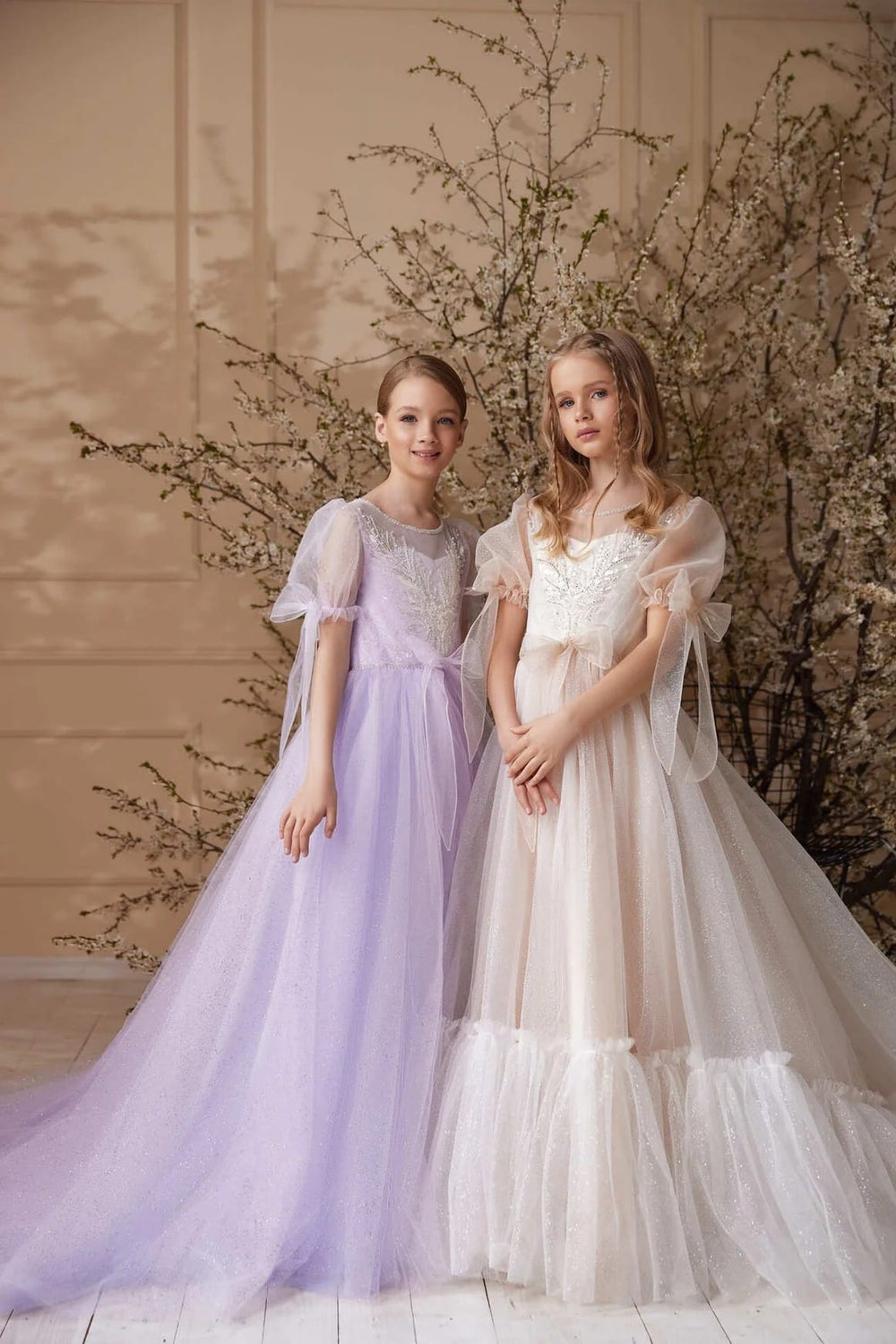 Lilac / 3m Sunnypetal Princess Glitter Tulle Flower Girl Dress with Puff Sleeves and Bow