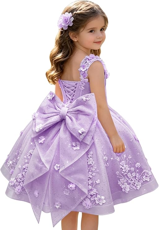 Lilac / 3m Sunnypetal Sweetheart 3D Floral Lace Appliqué Short Flower Girl Dress witn Bow