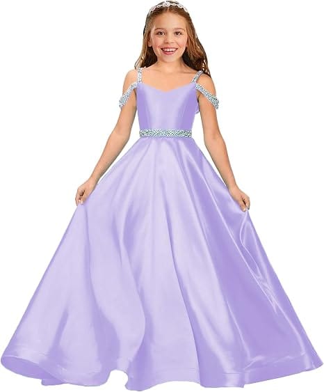 Lilac / 9m Sunnypetal Luxury Off-Shoulder Satin Rhinestone Flower Girl Princess Gown