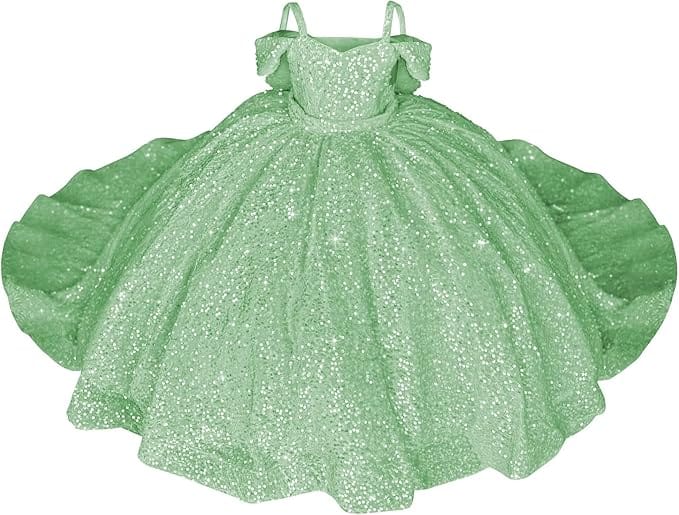 Mint Green / 18m Sparkly Off-Shoulder Sequin Flower Girl Pageant Dress Princess Ball Gown with Bow