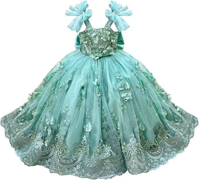 Mint Green / 18m Sunnypetal Enchanted Mint Green Tulle Ball Gown Flower Girl Dress with 3D Floral Appliqués