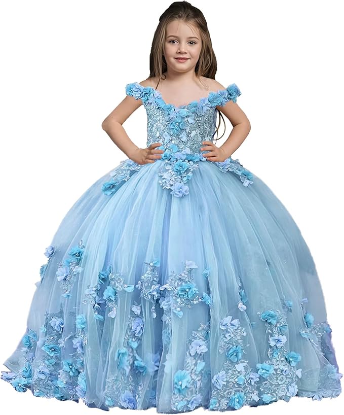 Mint Green / 18m Sunnypetal Exquisite Off-Shoulder Tulle 3D Floral Flower Girl Princess Dress with Satin Bow