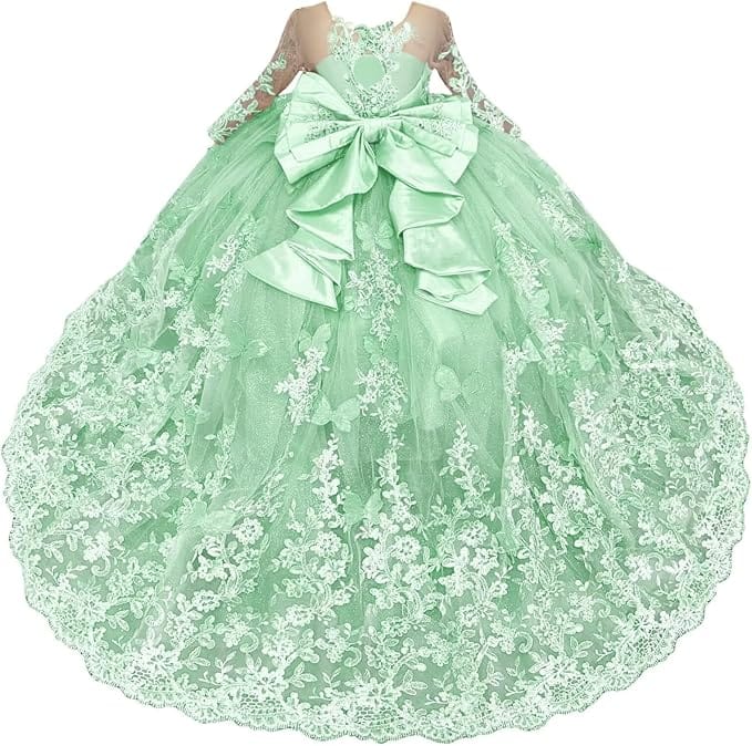 Mint Green / 18m Sunnypetal Lace Long Sleeve Ball Gown Flower Girl Dress with 3D Butterflies and Satin Bow