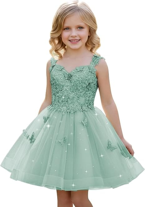 Mint Green / 18m Sunnypetal Luxury Mint Green Butterfly Lace Flower Girl Dress