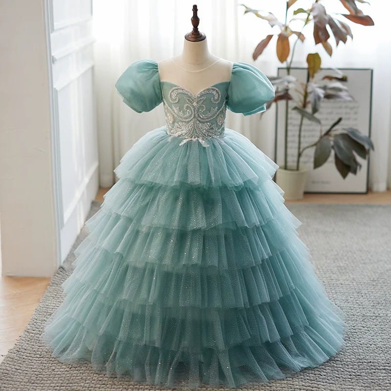 Sunnypetal Mint Green Tiered Tulle Princess Flower Girl Dress with Puf   sunnypetal