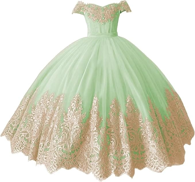 Mint Green / 18m Sunnypetal Off-Shoulder Gold Lace Beaded Puffy Tulle Flower Girl Gown for Special Occasions