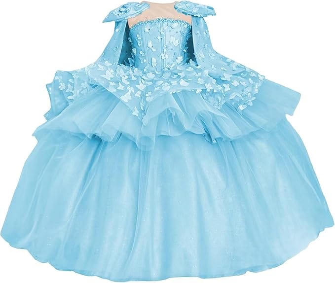 Mint Green / 18m Sunnypetal Princess Pink Tulle Ball Gown Flower Girl Dress with Butterfly Appliqués and Cape