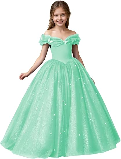 Mint Green / 3m Sunnypetal Exquisite Off-Shoulder Tulle Flower Girl Dress for Special Occasions