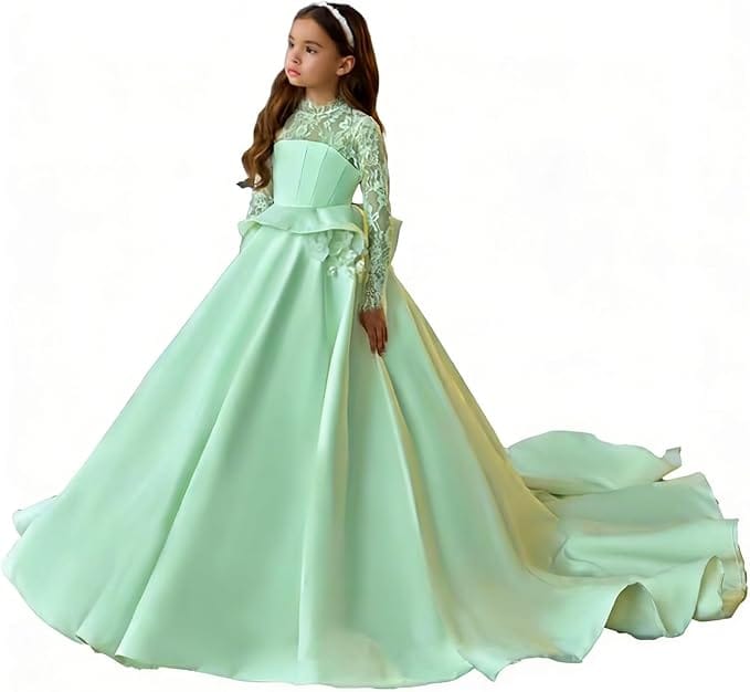 Mint Green / 3m Sunnypetal Long Sleeves Lace Appliques Long Princess Satin Communion Dress with 3D Flowers