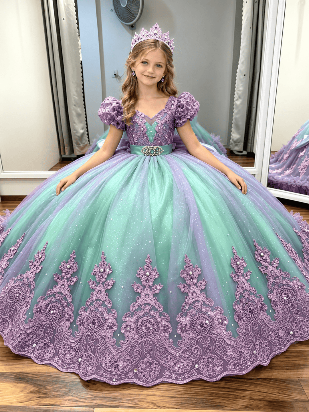 Mint Green &amp; Lavender / 9m Sunnypetal Enchanted Mint Green &amp; Lavender Lace Flower Girl Dress with Oversized Bow