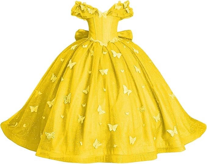Mustard Yellow / 18m Sunnypetal Enchanted Blue Butterfly Princess Flower Girl Dress