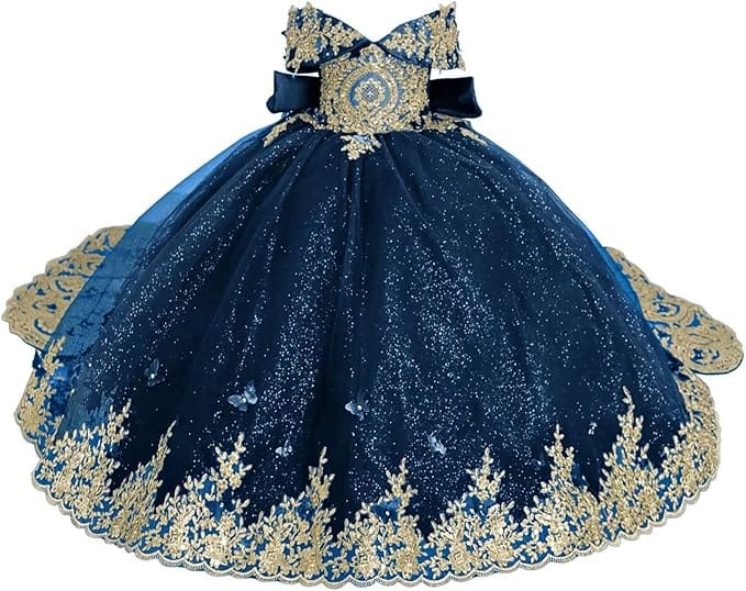 Navy / 18m Sunnypetal Luxury Emerald Green Lace Appliqué Tulle Ball Gown Flower Girl Dress with Royal Train