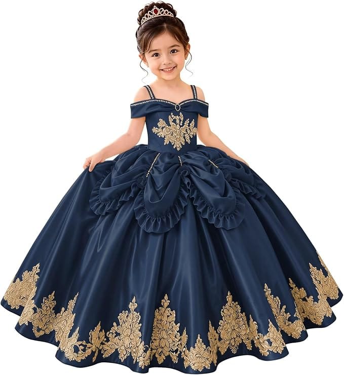 Navy Blue / 18m Sunnypetal Elegant Golden Satin Princess Flower Girl Dress with Bow
