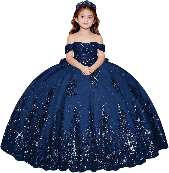 Navy Blue / 18m Sunnypetal Enchanted Off-Shoulder Tulle Ball Gown Flower Girl Dress with Lace Appliqués