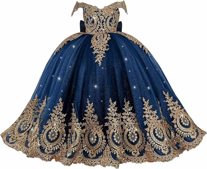 Navy Blue / 18m Sunnypetal Exquisite Gold Appliqué Off-Shoulder Princess Flower Girl Dress with Bow