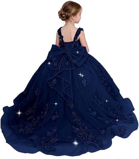 Navy Blue / 18m Sunnypetal Exquisite Off-Shoulder 3D Floral Glitter Tulle Ball Gown Flower Girl Dress with Bow
