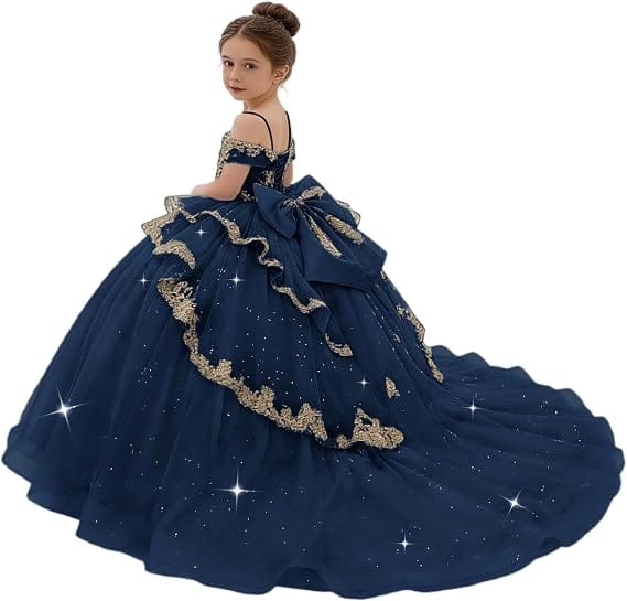 Navy Blue / 18m Sunnypetal Gold Sequin Lace Off-Shoulder Tulle Flower Girl Dress with Bow Detail