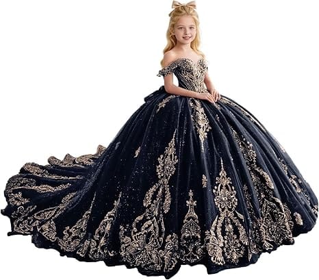 Navy Blue / 18m Sunnypetal Luxury Gold Appliqué Glitter Tulle Flower Girl Gown with Oversized Bow