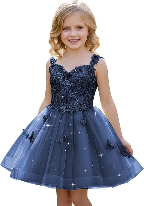 Navy Blue / 18m Sunnypetal Luxury Mint Green Butterfly Lace Flower Girl Dress