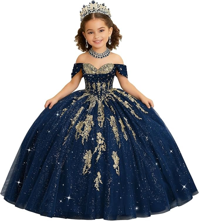 Navy Blue / 18m Sunnypetal Luxury Off-Shoulder Gold Lace Applique Princess Flower Girl Ball Gown Dress