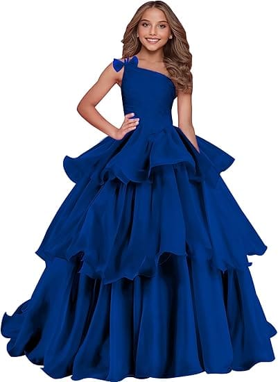 Navy Blue / 18m Sunnypetal Luxury One-Shoulder Puffy Organza Flower Girl Dress Princess Pageant Gown