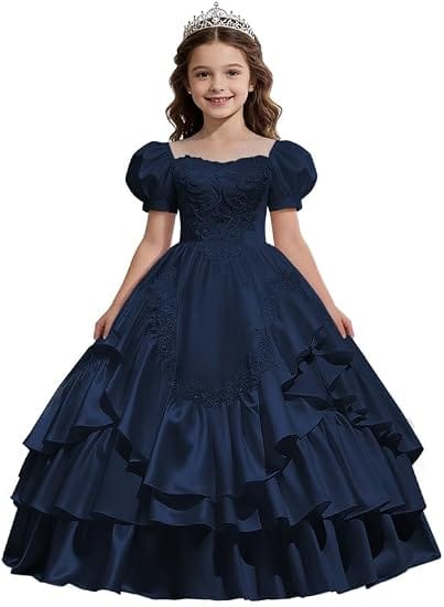 Navy Blue / 18m Sunnypetal Satin Sweetheart Neck Puffy Sleeve Lace Applique Princess Flower Girl Dress