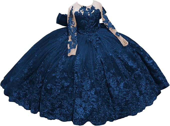 Navy Blue / 18m Sunnypetal Sparkling Long Sleeve Lace Tulle Flower Girl Dress with Glitter Appliqué &amp; Bow