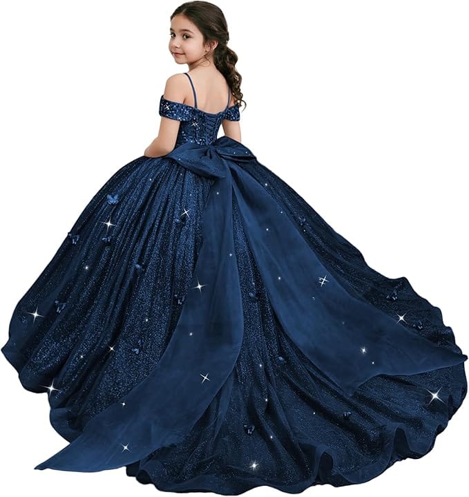 Navy Blue / 18m Sunnypetal Sparkling Off-Shoulder Glitter Tulle Flower Girl Dress with Oversized Bow