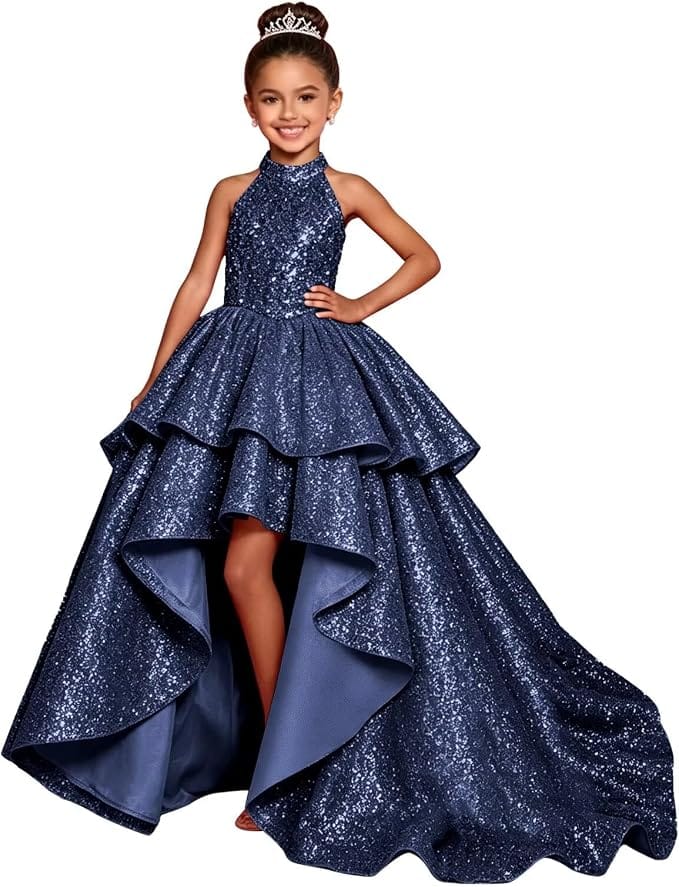 Navy Blue / 18m Sunnypetal Sparkly Sequin Halter High Low Flower Girl Dress Pageant Gown
