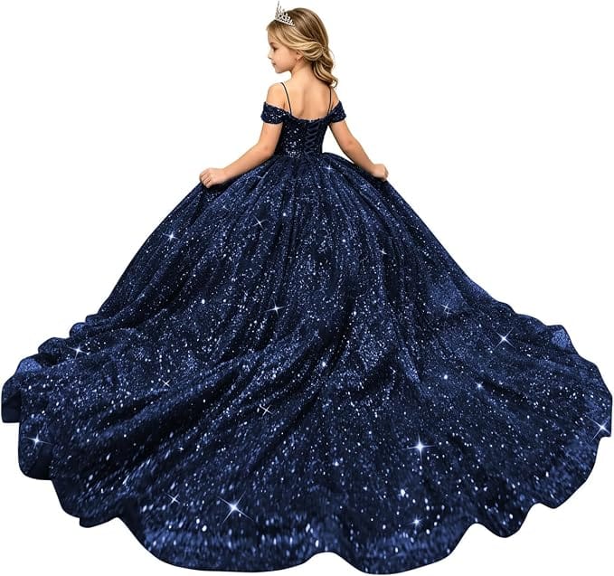 Navy Blue / 18m Sunnypetal Sparkly Sequin Off-Shoulder Princess Ball Gown Flower Girl Dress for Pageant