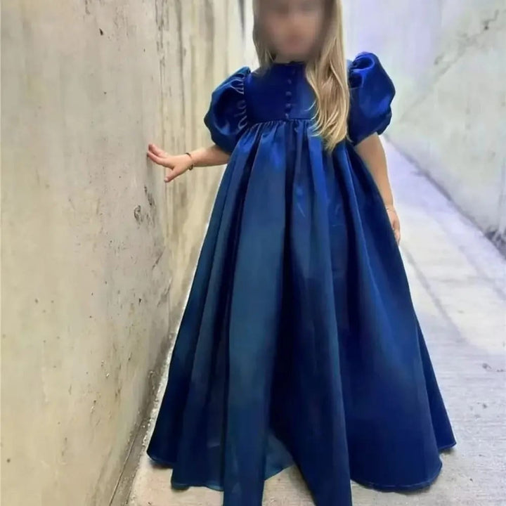 Navy Blue / 3m Sunnypetal Elegant Puffy Sleeve Satin Floor-Length Princess Flower Girl Dresses