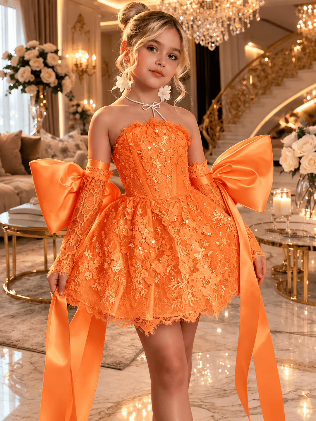 Orange / 12m Sunnypetal Dreamy Light Blue Lace Flower Girl Dress with Oversized Bows for Special Occasions
