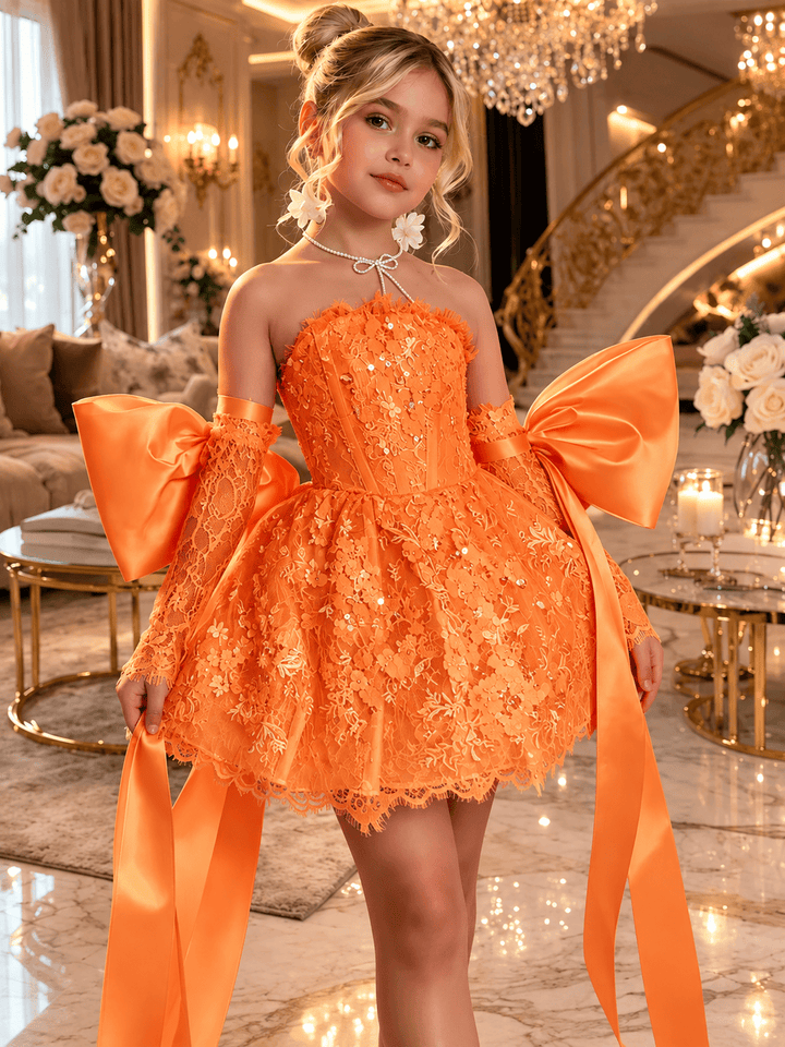 Orange / 12m Sunnypetal Dreamy Light Blue Lace Flower Girl Dress with Oversized Bows for Special Occasions