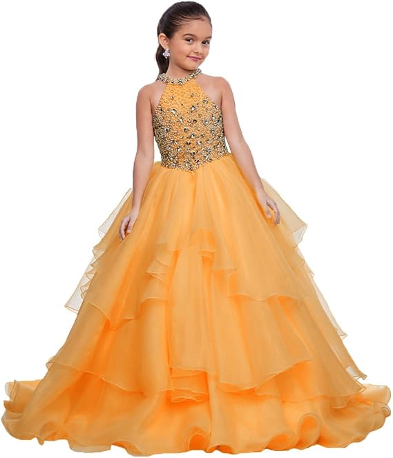 Orange / 18m Sunnypetal Layered Organza Princess Ball Gown Flower Girl Dress for Pageant &amp; Party
