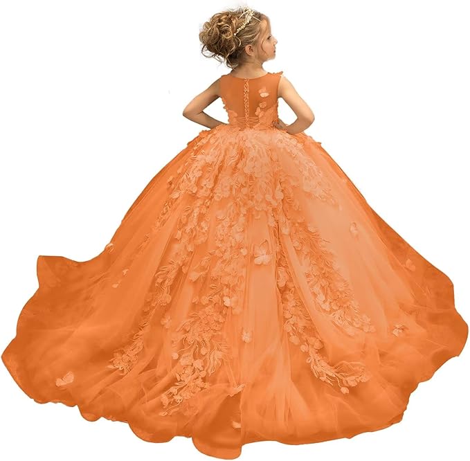 Orange / 18m Sunnypetal Puffy Tulle Flower Girl Dress Appliques 3D Butterfly Pageant Party Princess Dresses